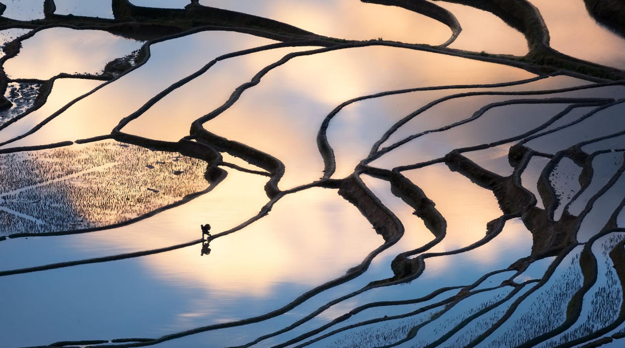 Rice terraces filled with water during the irrigation season, reflecting the sky and surrounding hills in Guizhou.