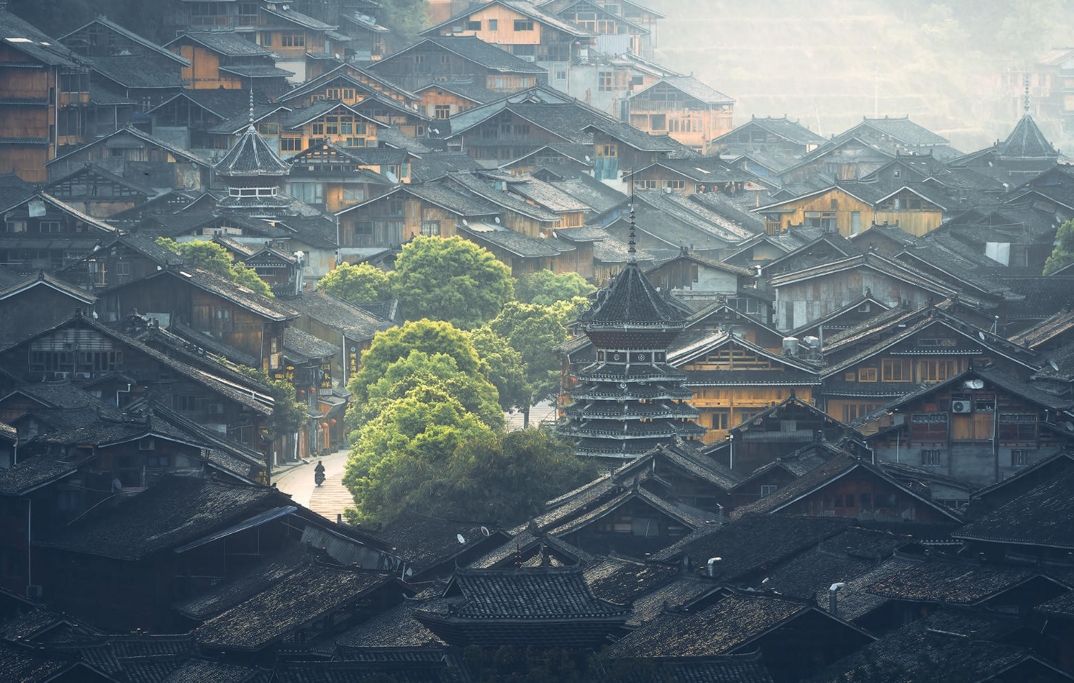 Traditional wooden buildings and drum towers in Zhaoxing Dong Village