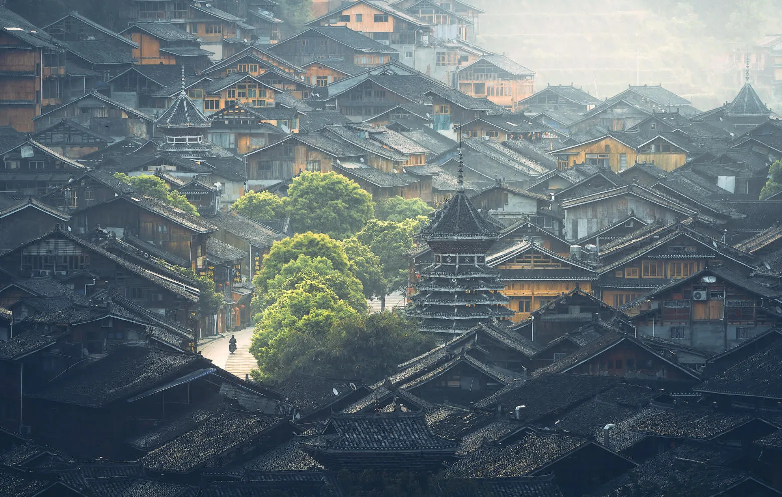 Traditional wooden buildings and drum towers in Zhaoxing Dong Village