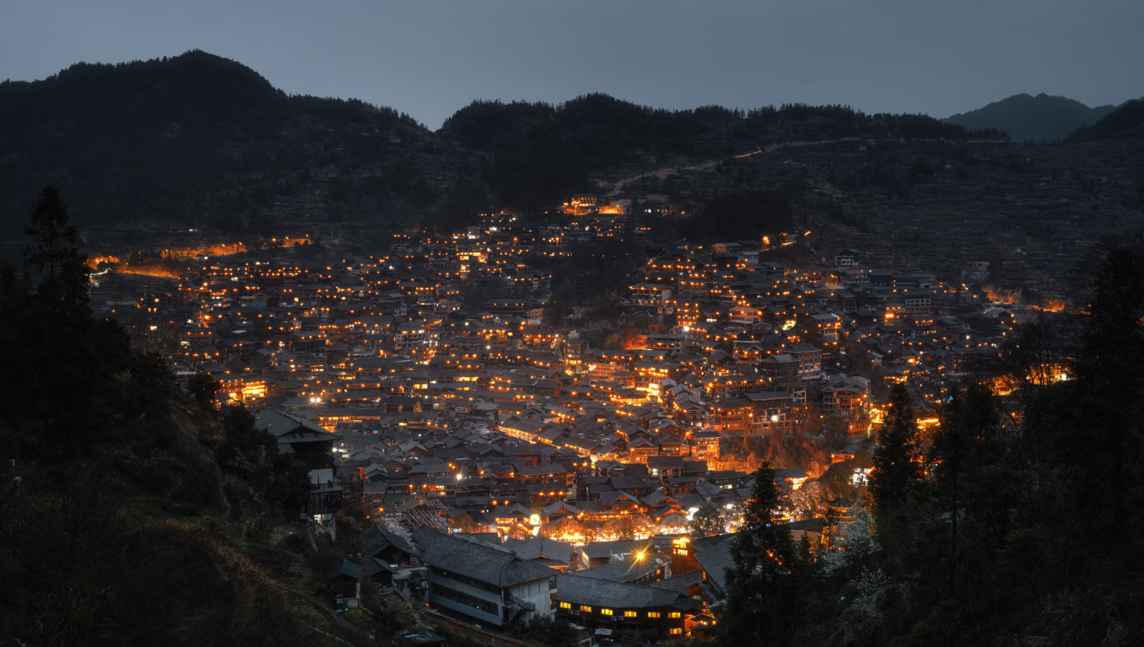 Night View of Xijiang Qianhu Miao Village, Guizhou