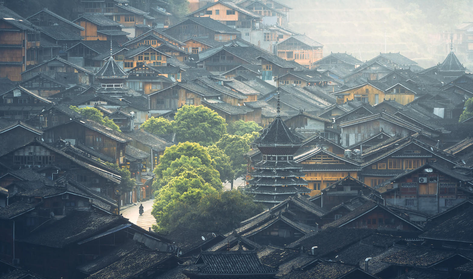 Traditional wooden buildings and drum towers in Zhaoxing Dong Village