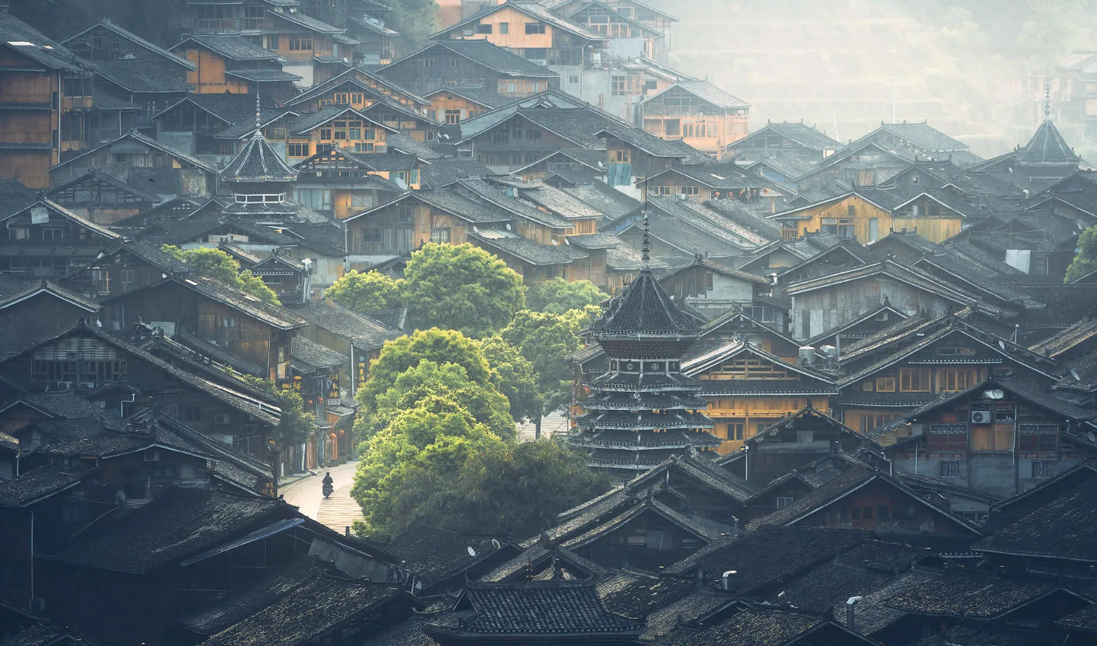 Traditional wooden buildings and drum towers in Zhaoxing Dong Village