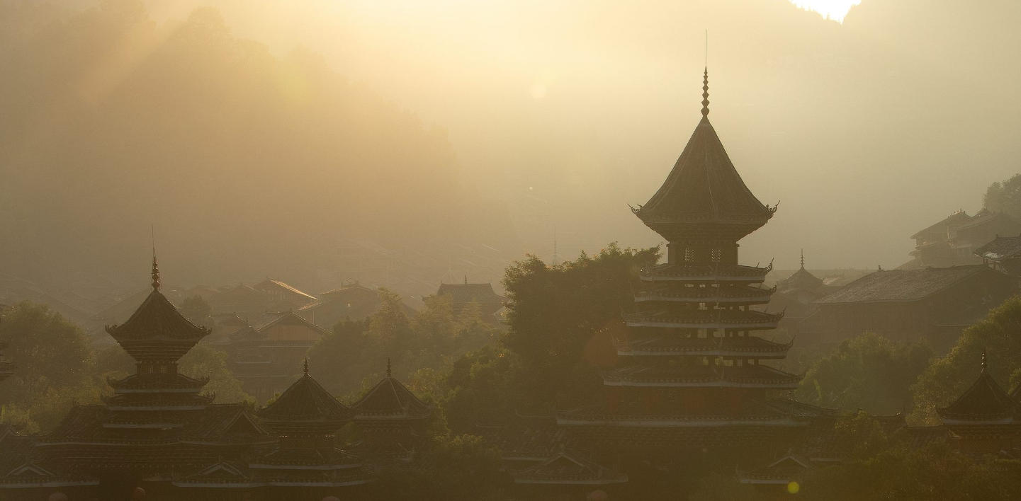 Zhaoxing Dong Village in Morning Mist
