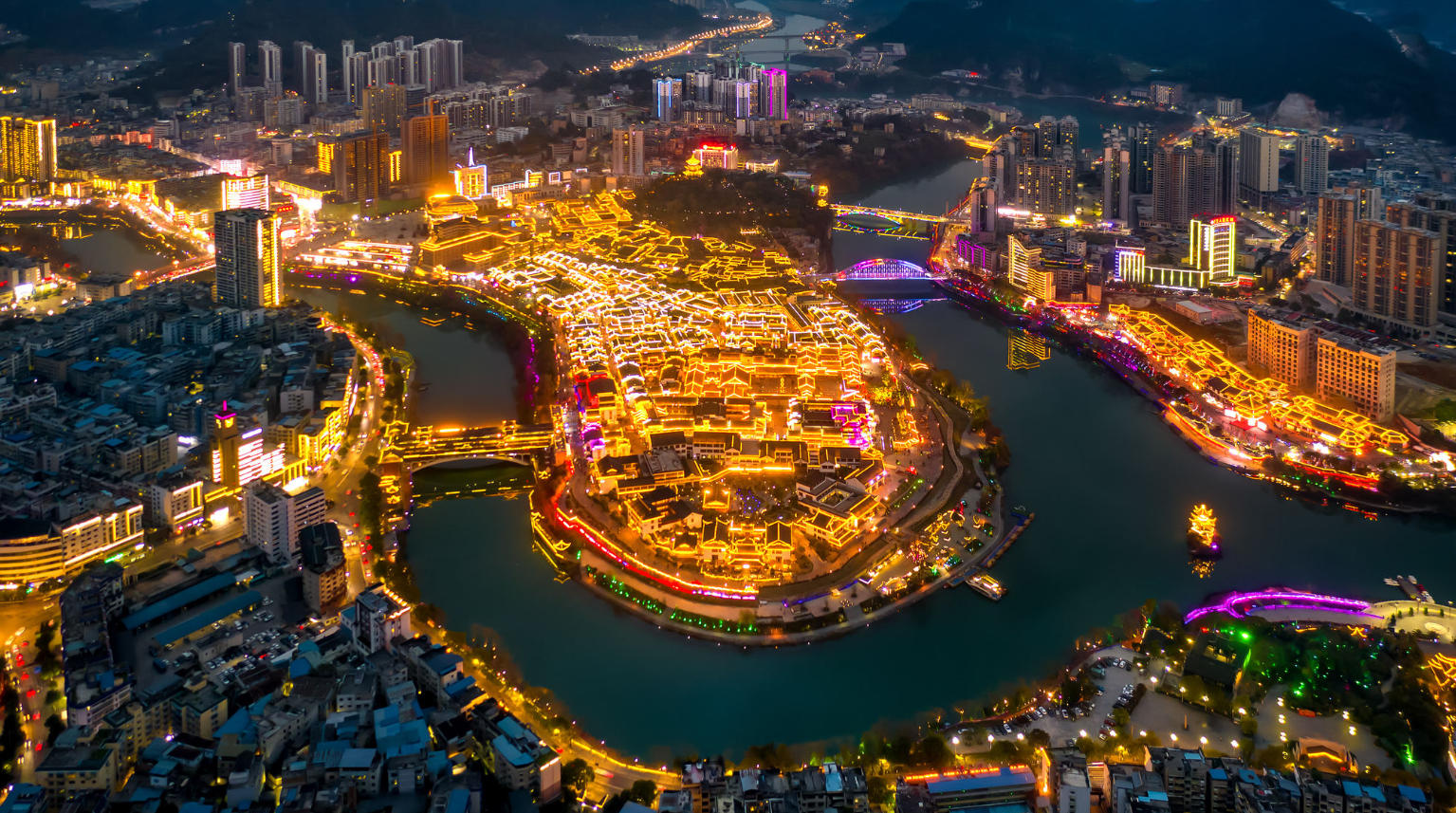 Tongren Ancient City and the Jinjiang River at Night